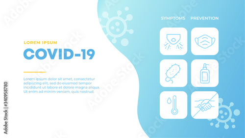 Mock up screen, blue gradient and yellow background. Icon infographics - Symptoms and Preventions from COVID-19 virus