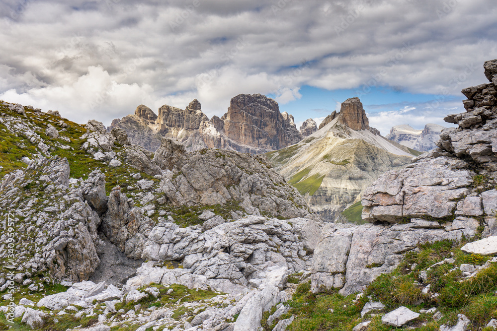 The mountain peak of Torre dei Scarper in n the Sexten Dolomites Sesto Dolomites, South Tyrol, Italy