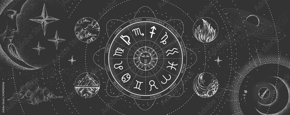 Astrology wheel with zodiac signs on outer space background. Four