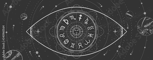 Astrology wheel with zodiac signs in all-seeing eye shape on outer space background. Star map. Horoscope vector illustration