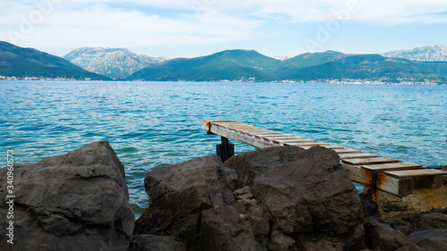 Wooden pier for boats Kotor Bay, Montenegro, Europe.