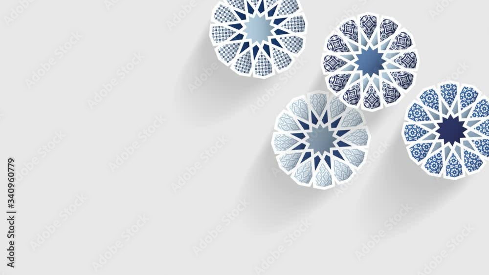 Rotating ornamental stars, arabesque with arabic patterns. Moving blue abstract geometric objects, white background. Ramadan, Eid ul Adha graphic animation, slow motion, loopable. Islamic design.