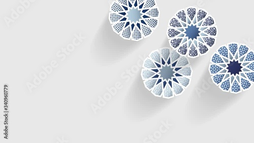 Rotating ornamental stars, arabesque with arabic patterns. Moving blue abstract geometric objects, white background. Ramadan, Eid ul Adha graphic animation, slow motion, loopable. Islamic design.