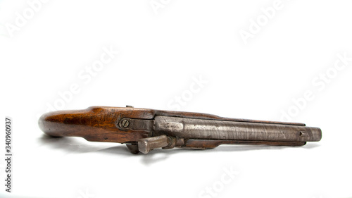 Antique Colonial Percussion Pistol, believed to be local militia issue circa 1850. This is a single shot muzzle loading holster pistol with a percussion lock