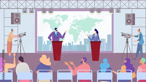 Debate of political party candidates, election campaign, people cartoon characters, vector illustration. Man and woman speaker on stage, audience discussion in studio. Opponent argument at conference