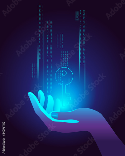 The hand holds the virtual key. Vector illustration on the topic of cybersecurity.