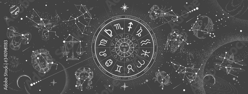 Astrology wheel with zodiac signs on constellation map background. Realistic illustration of  zodiac signs. Horoscope vector illustration photo