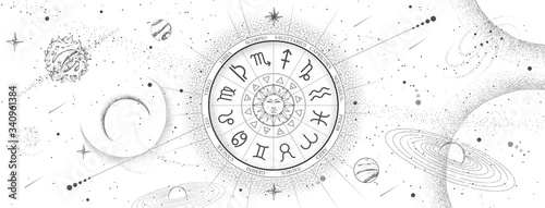 Astrology wheel with zodiac signs on outer space background. Star map. Horoscope vector illustration photo
