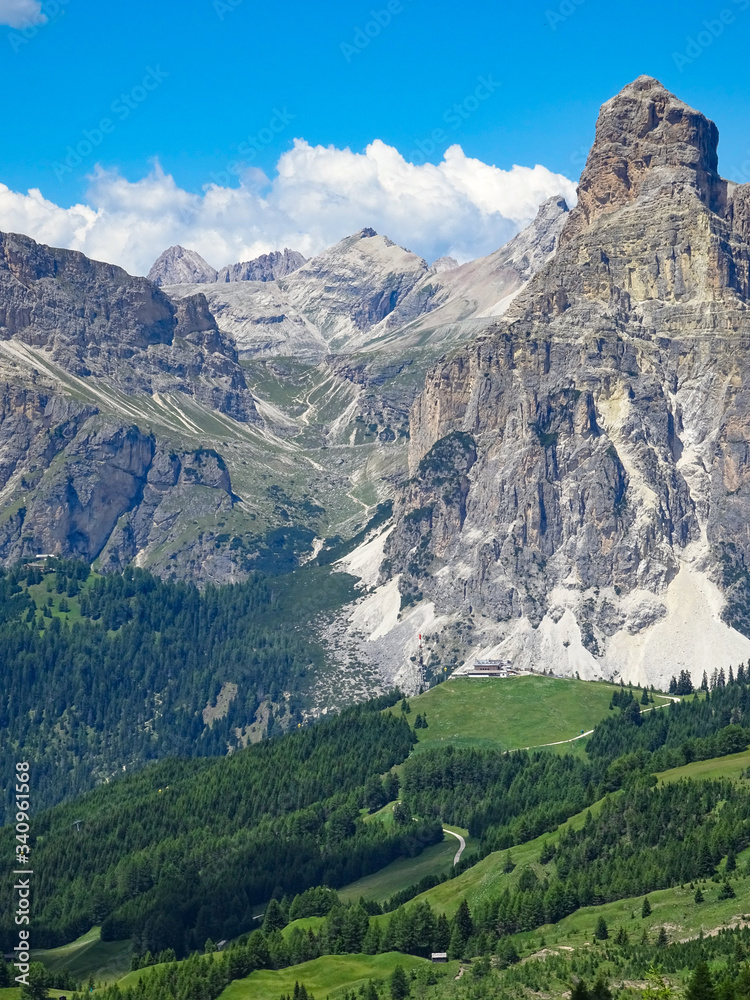 View of massiccio Sassongher in Val Badia from Corvara. Italian Dolomites, Europe