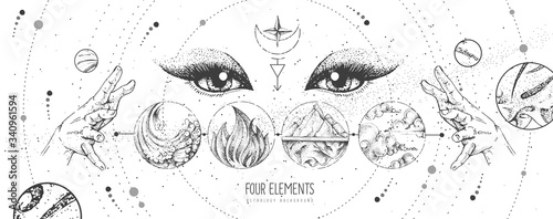 Modern magic witchcraft card with solar system, four elements and fortune teller eyes. Hand drawing occult vector illustration of water, earth, fire, air