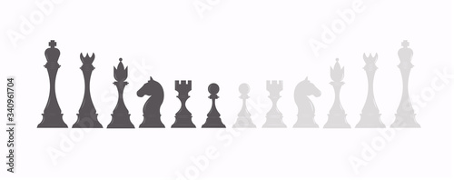 Set of Chess figures in black and white color. Collection of chess pieces: king, queen, rook, bishop, pawn, knight. Flat vector illustration on isolated white background. 