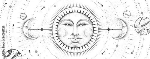 Modern magic witchcraft card with astrology sun and moon sign with human face on outer space background. Day and nignt. Realistic hand drawing vector illustration