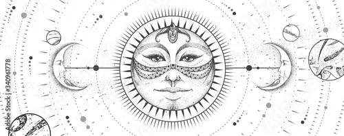 Modern magic witchcraft card with astrology sun and moon sign with human face on outer space background. Day and nignt. Realistic hand drawing vector illustration