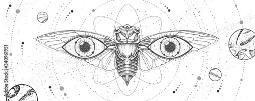 Modern magic witchcraft card with solar system,  cicada and all-seeing eye. Hand drawing occult vector illustration photo