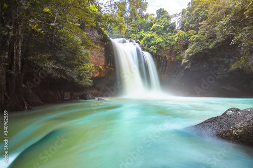 Waterfall in tropical forest at Khao Yai National Park  Thailand. View of the waterfall from below.