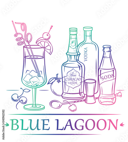 Cocktail Blue Lagoon with ingredients (vodka, Blue Curacao liqueur, soda, orange, cherry) and barman's instruments. Vector Icon for Cocktail or Bar menu