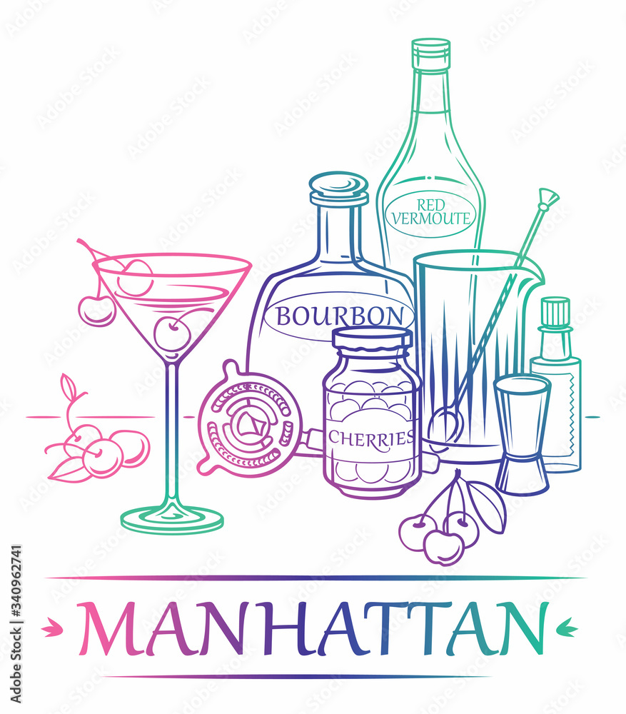 Cocktail Manhattan with ingredients (Bourbon, red vermoute, cherries, Angostura bitter) and barman's instruments. Vector Icon for Cocktail or Bar menu Cocktail Manhattan with ingredients (Bourbon, red vermoute, cherries, Angostura bitter) and barman's instruments. Vector Icon for Cocktail or Bar menu