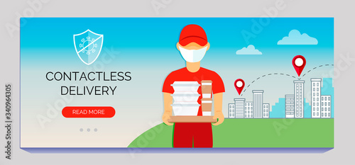 Safe contactless delivery service. Online food order. A courier in a medical mask holds containers with food and drinks.  Banner on the web site or landing page. 