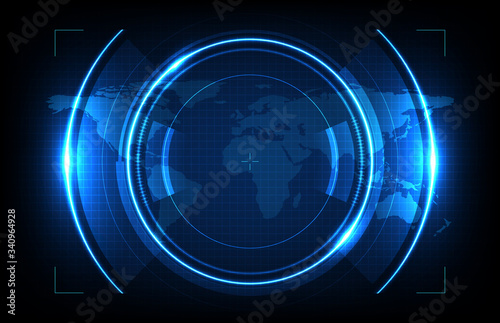 abstract background of round futuristic technology user interface screen hud and world maps