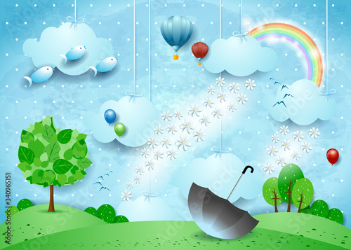 Fantastic landscape with rain of flowers and umbrella