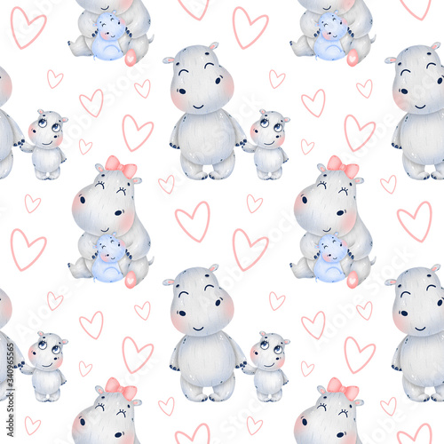 Cute cartoon hippo family with hearts seamless pattern