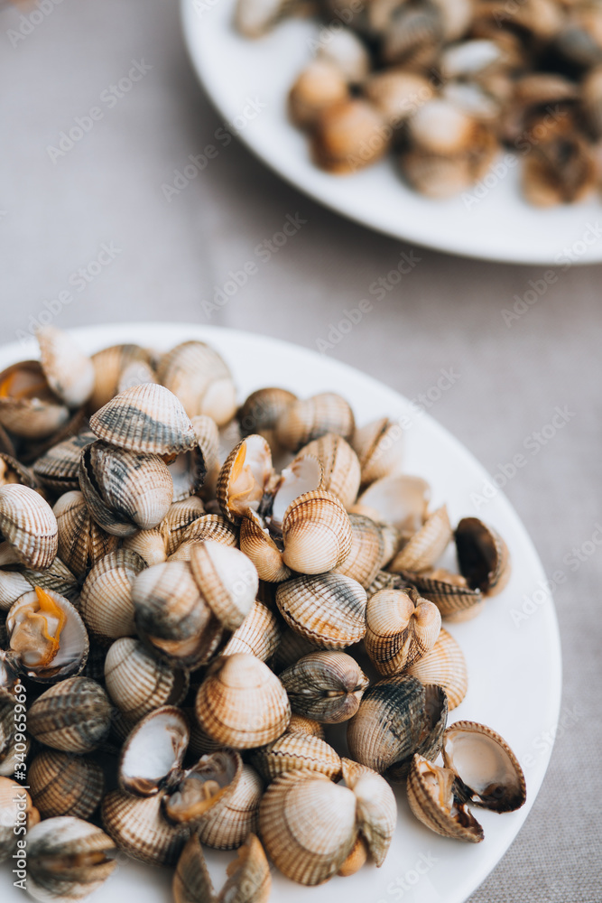 From above plate of small edible seashells placed on table during wedding banquet From above plate of small edible seashells placed on table during wedding banquet