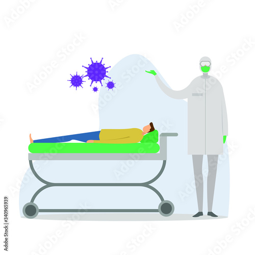 Coronavirus vector concept: figure in hazmat suit showing and explaining coronavirus while his/her patient lying on the bed