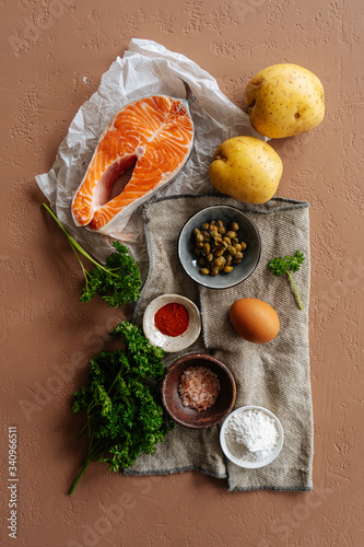 Ingredients for recipe with fish and vegetables