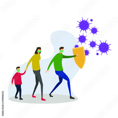 Coronavirus vector concept:  male figure wearing a face mask defending his family with a shield from Covid-19