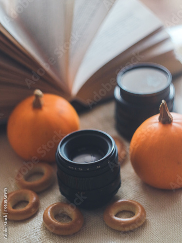 pumpkins on the table with retro lens