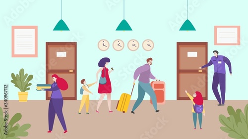 Hotel accommodation, happy family travel together, check in service people, vector illustration. Parents and children go to guesthouse room with baggage. Hostel staff cartoon characters, tourist motel