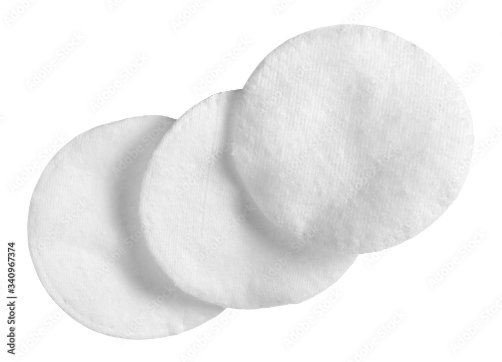 Absorbent cotton wool pads, swabs, wadding isolated on white background with clipping path
