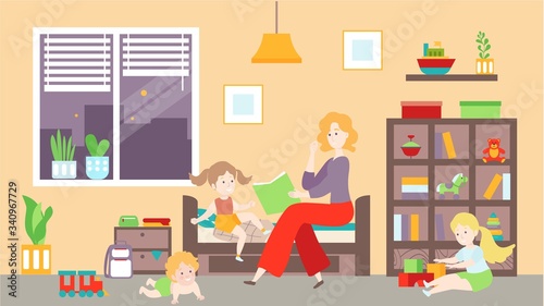 Mother reading bedtime story to children, happy family people at home, vector illustration. Happy woman with kids, boy and girl playing in bedroom. Smiling babysitter read book, cartoon characters