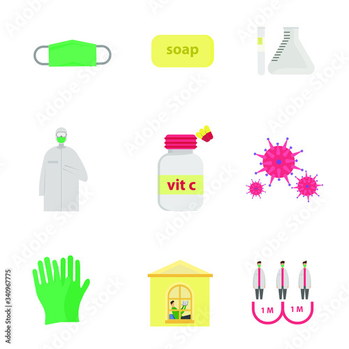 Covid-19 icon set vector consists of facemask, soap, laboratory glassware, hazmat suit, vitamin C, virus, gloves, self-quarantine and social distancing