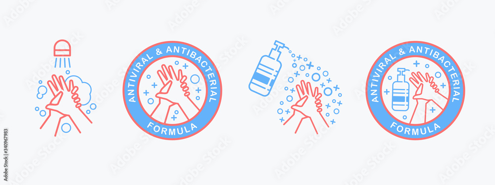 Flat outline vector set of hand sanitizer pump bottle, washing gel, alcohol gel, washing hands . Antiviral antibacterial coronavirus formula vector icons. Coronavirus Covid-19 health protection labels - obrazy, fototapety, plakaty 