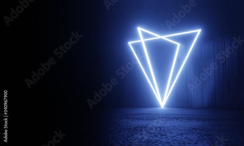 Neon abstract triangle on grunge reflective concrete background. 3d rendering.
