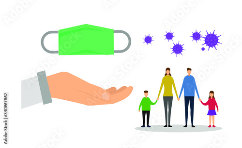 Coronavirus vector concept: Offering face mas to a family surrounded by Covid-19