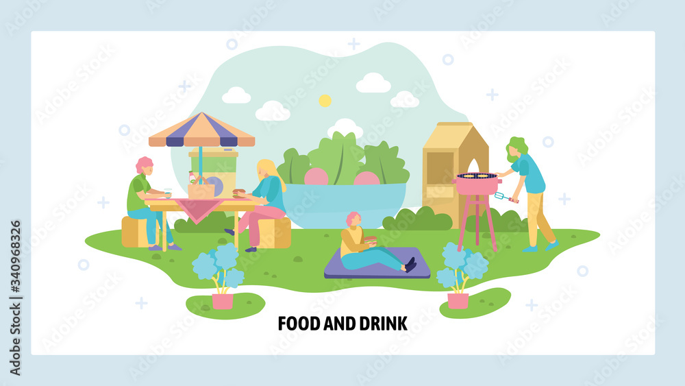 People spend weekend in a park having picnic. Family leisure time, outdoor meal. Summer holiday. Vector web site design template. Landing page website illustration.