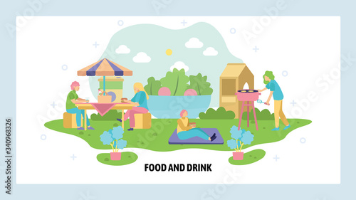 People spend weekend in a park having picnic. Family leisure time  outdoor meal. Summer holiday. Vector web site design template. Landing page website illustration.