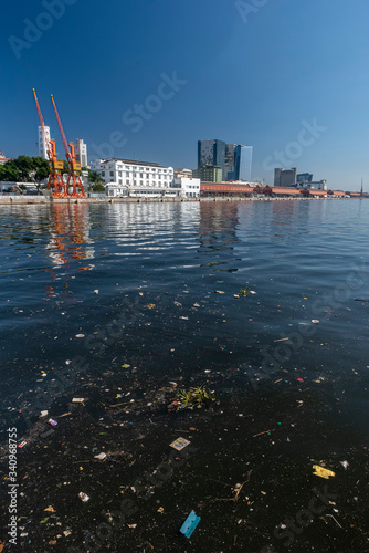 Rio de Janeiro, Brazil on June 24, 2018. Pollution in Guanabara Bay, next to the Museum of Tomorrow. View of the Gamboa neighborhood photo