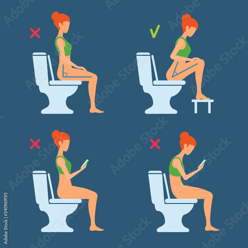 The correct and incorrect posture of sitting on the toilet. The torso position angle 90 or 35 degrees. Good and bad. Comfort posture, body health care. Woman silhouette hunched with a smartphone.