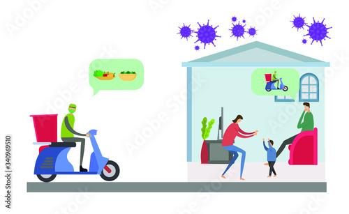 Family staying at home ordering food online. The food is being delivered by the delivery man with scooter