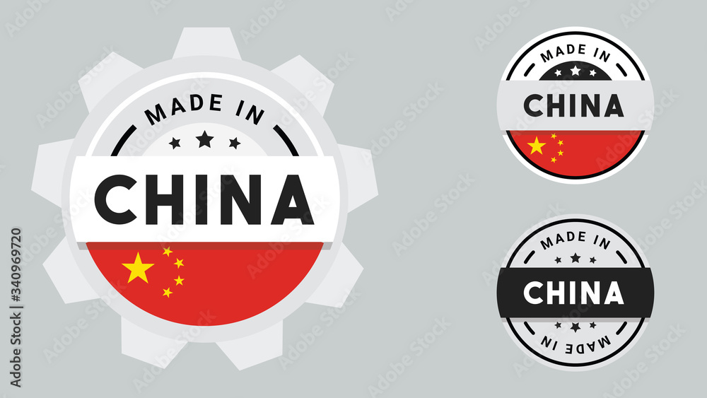 Made in China collection of ribbon, label, stickers, badge, icon and page curl with China flag symbol. 