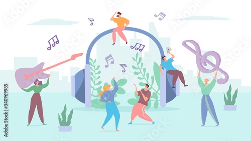 Headphones music concept, tiny people dancing on street, melody symbol, vector illustration. Men and women cartoon characters listening to music, urban city multimedia. Streaming service entertainment