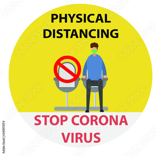 Coronavirus prevention vector icon  with male figure wearing face mask and applying social distancing to avoid Covid-19