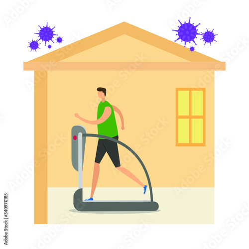Covid-19 social distancing vector concept: self-quarantine male figure exercising with a treadmill inside a house surrounded by CoronaVirus