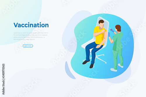 Isometric Time to vaccinate concept. Doctor or nurse, scientist giving patient vaccine, COVID-19, flu or influenza shot or taking blood test with a needle. Medicine, vaccination.