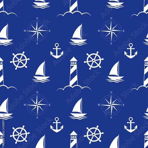 sea and nautical seamless pattern on blue background