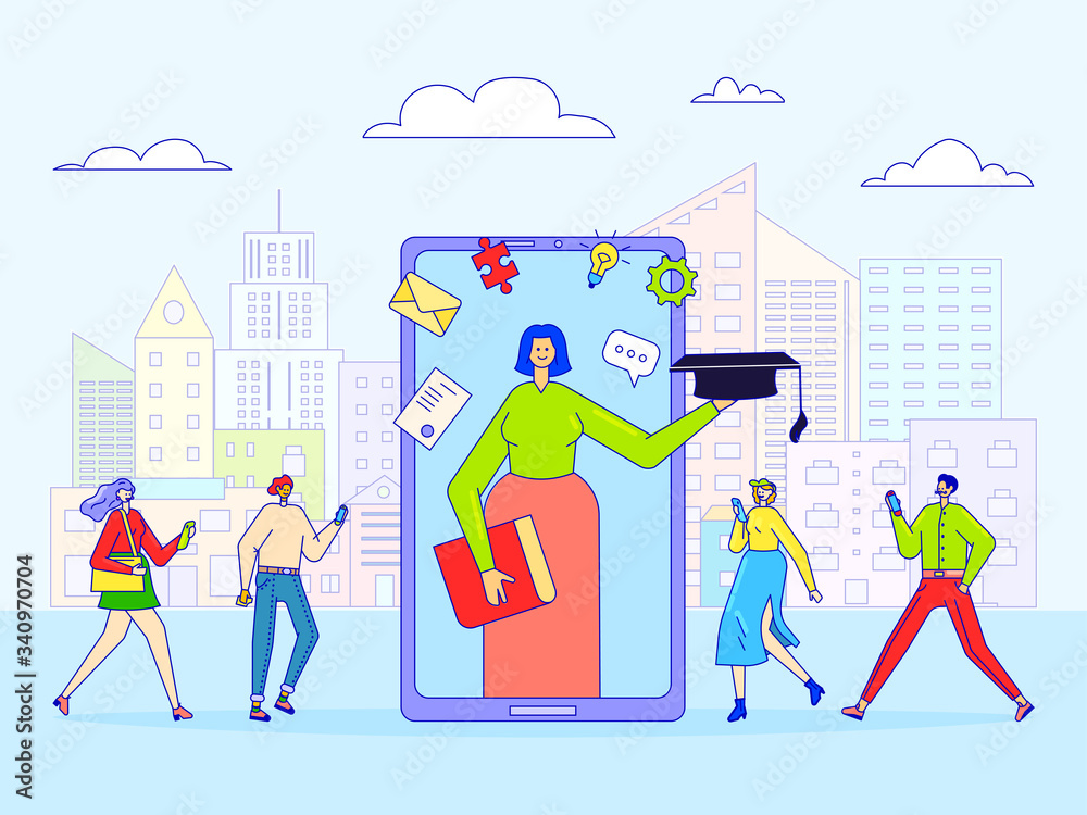 Online education concept, tiny people cartoon characters, teacher in smartphone app, vector illustration. Men and women students, college program, distance university course. Digital learning adults Online education concept, tiny people cartoon characters, teacher in smartphone app, vector illustration. Men and women students, college program, distance university course. Digital learning adults