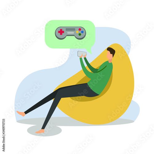 Video games vector concept with male figure playing video games on his smartphone while thinking of a controller, isolated in white background with blue shades